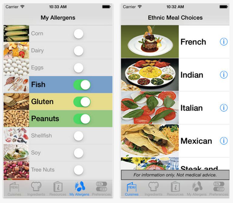 Allergy Free, beschikbaar voor, beschikbaar voor iPhone, glutenvrije menu, iEatOut Gluten, iPhone iPad